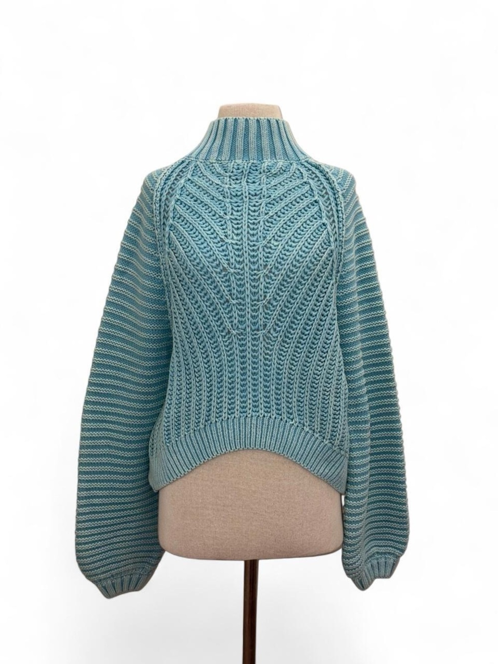 FREE PEOPLE Aqua Chunky Knit Balloon Sleeve Mock Neck Sweater Size Medium Boho